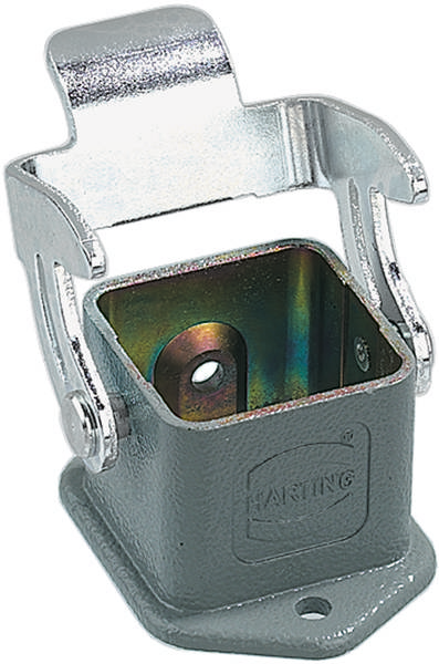 Metalen beugel met vierkante opening en opdruk 'HARTING', geschikt voor industriële connectoren, op een grijze behuizing.
