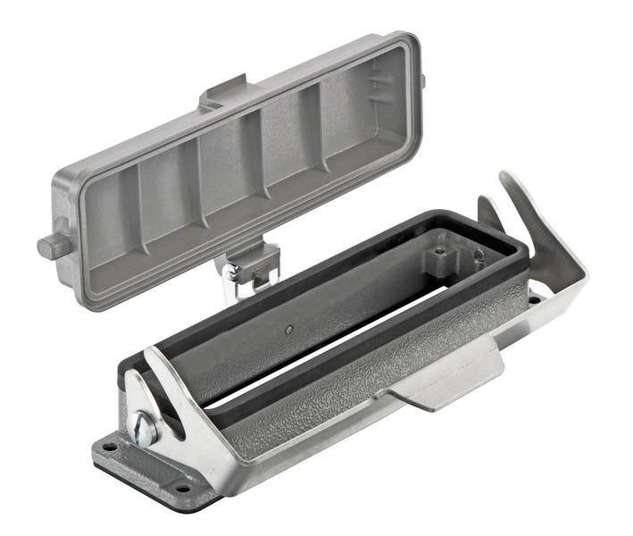 Aluminium connectorkast met afgenomen beschermkap, toont het binnenste en bevestigingsmechanisme van de behuizing.