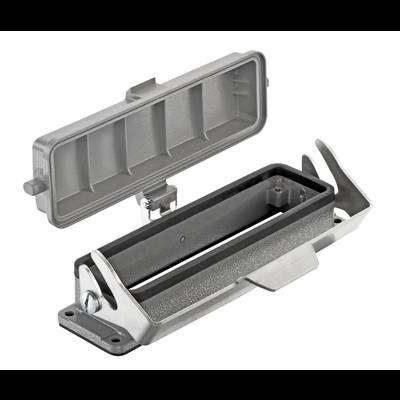 Aluminium connectorkast met afgenomen beschermkap, toont het binnenste en bevestigingsmechanisme van de behuizing.