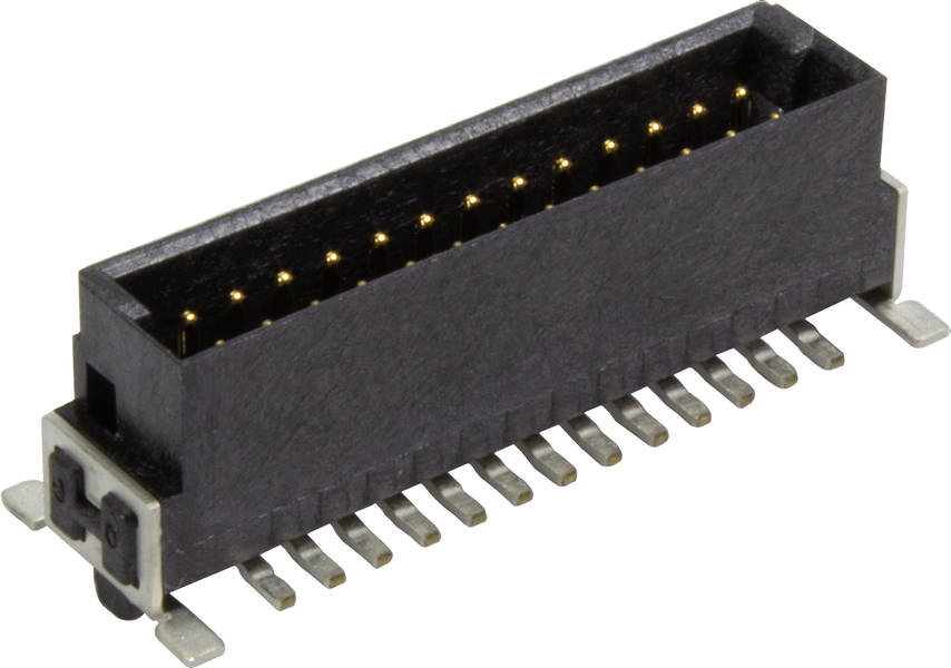Een zwarte, rechthoekige elektrische connector met meerdere gouden contactpunten, gebruikt voor elektronische apparaten ten behoeve van gegevensoverdracht.