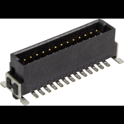 Een zwarte, rechthoekige elektrische connector met meerdere gouden contactpunten, gebruikt voor elektronische apparaten ten behoeve van gegevensoverdracht.