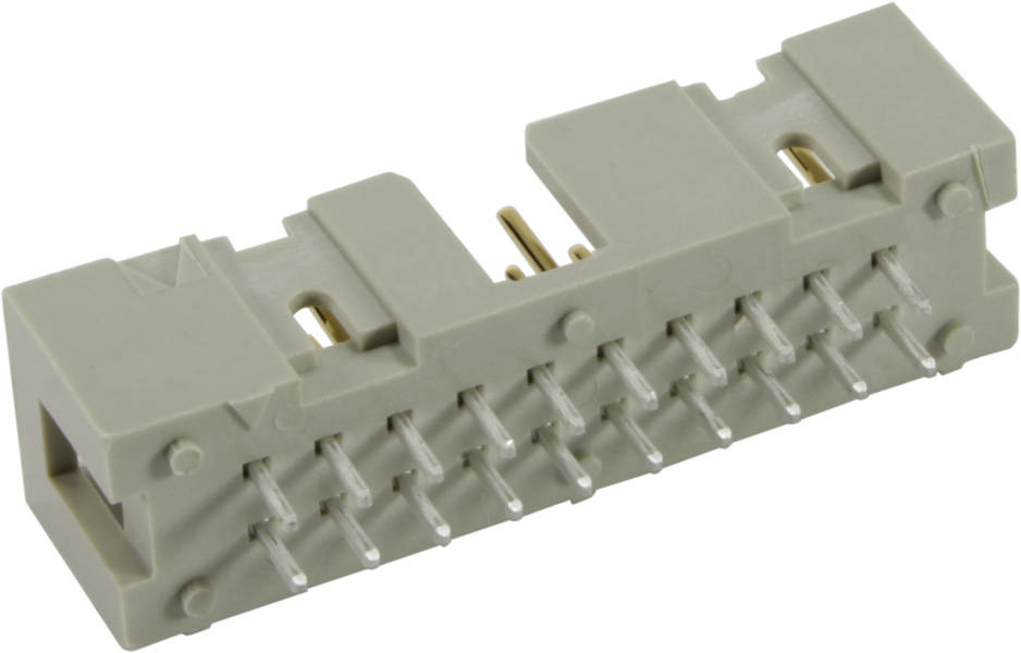 Connector met meerdere metalen pinnen in een rechthoekige kunststof behuizing. Ideaal voor elektronische verbindingen in apparaten.