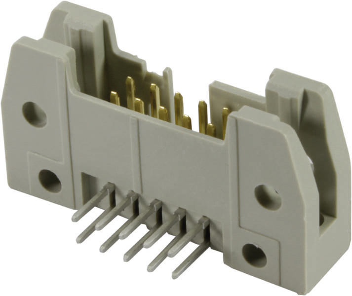 Een grijze stekker met meerdere gouden metalen pinnen, die wordt gebruikt voor elektrische aansluitingen.