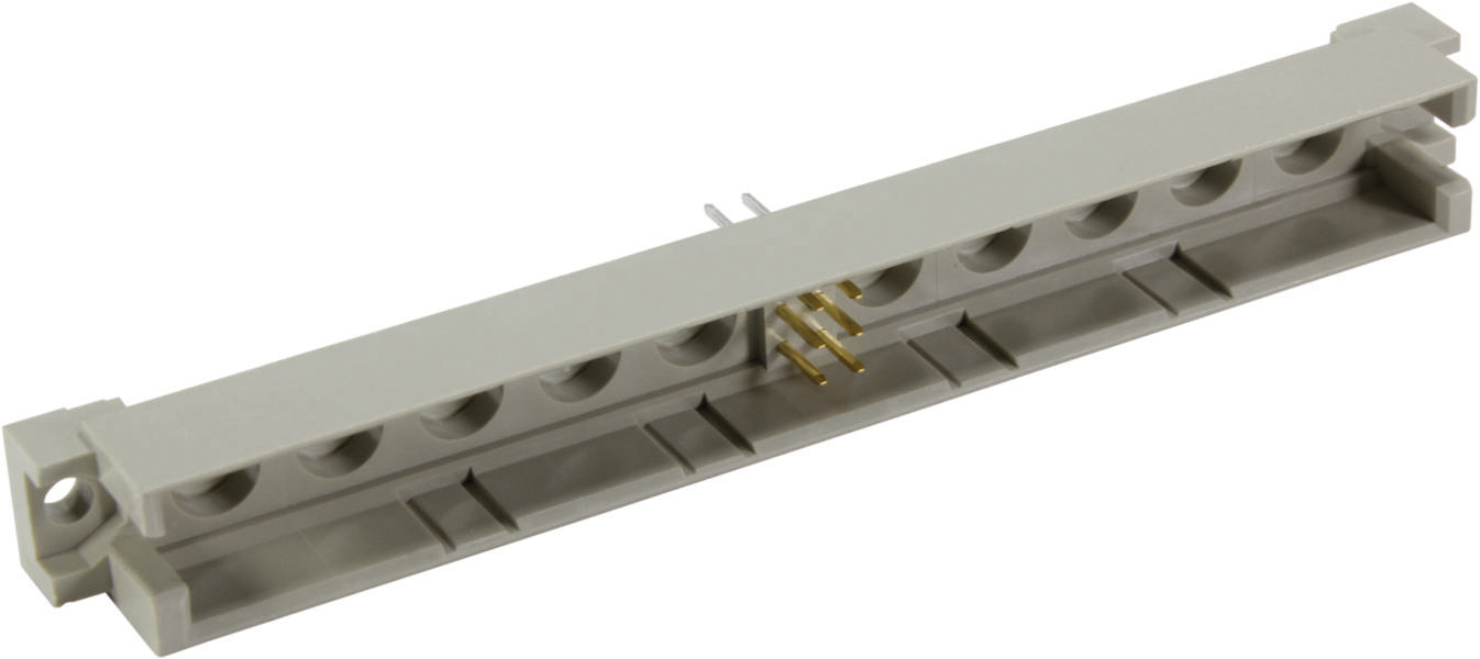 Langere, rechthoekige, grijze connector met zeven ronde openingen en goudkleurige contactpunten in het midden.