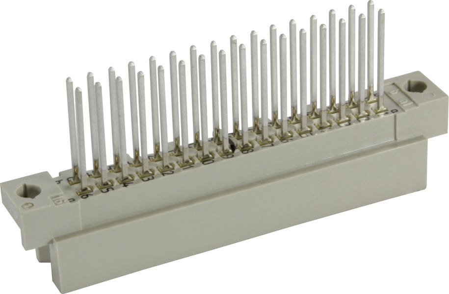 Connector met meerdere metalen pinnen in twee rijen, typisch gebruikt voor elektronische verbindingen in apparaten.