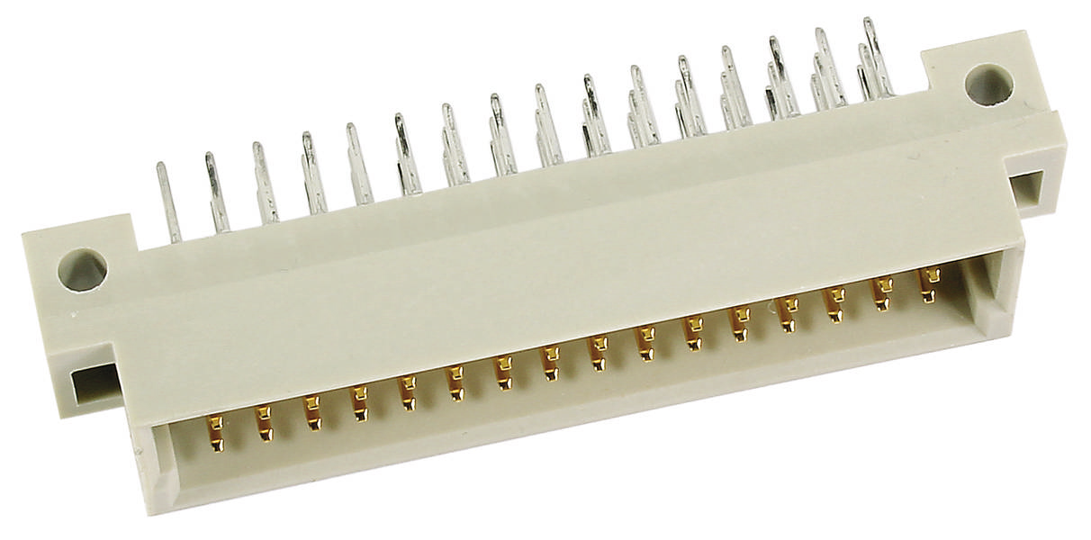 Een rechthoekige elektrische connector met meerdere metalen pinnen, gemonteerd op een kunststof bevestiging.