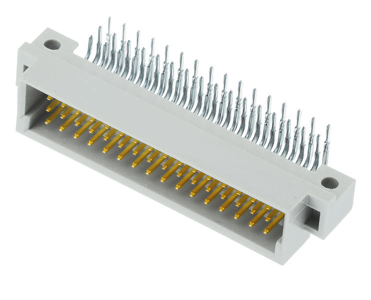Een grijze stekker met meerdere metalen pinnen die aan één zijde uitsteken, wordt gebruikt voor het verbinden van elektronische componenten.