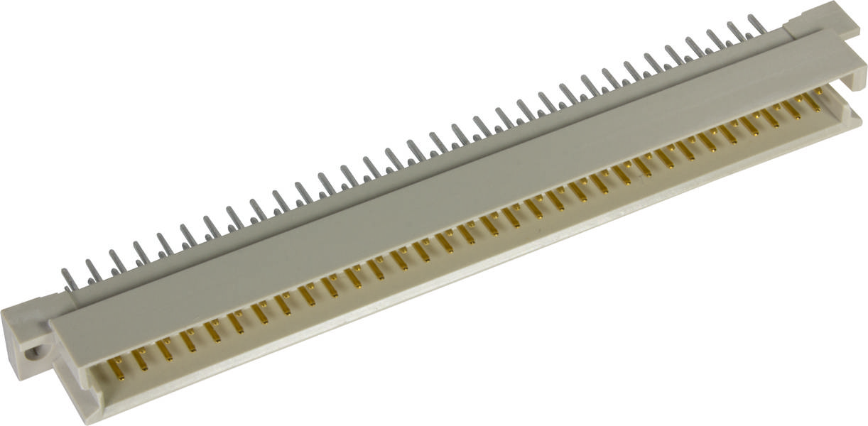Een witte elektrische connector met vele metalen pinnen, horizontaal uitgelijn.