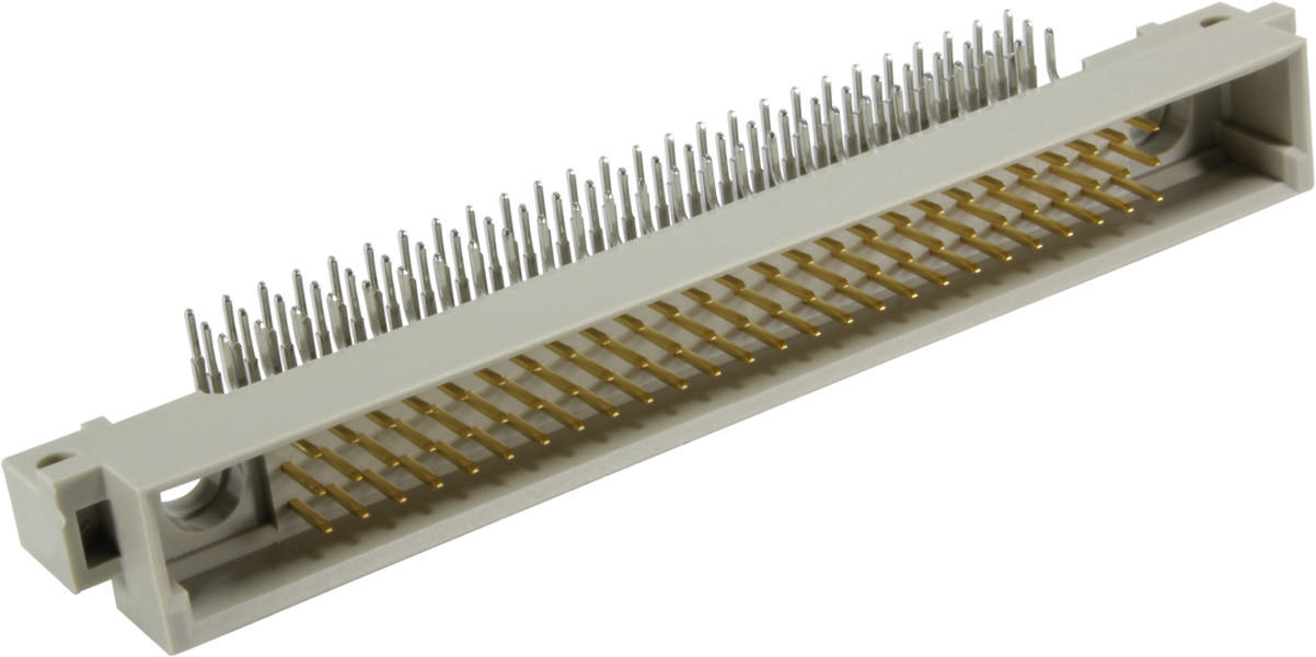 Een grijze elektrische connector met veel metalen pinnen, gebruikt voor elektronische apparaten, ligt op een witte oppervlakte.