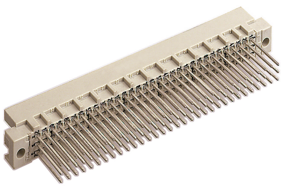 Een stekker met talrijke metalen pinnen, geschikt voor elektronische verbindingen, toont een zijaanzicht met twee bevestigingsgaten.