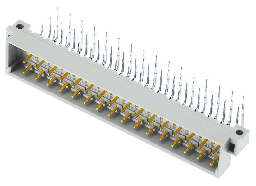 28-polige elektrische connector met gouden contacten en zilveren pinnen, geschikt voor montage op printplaten.