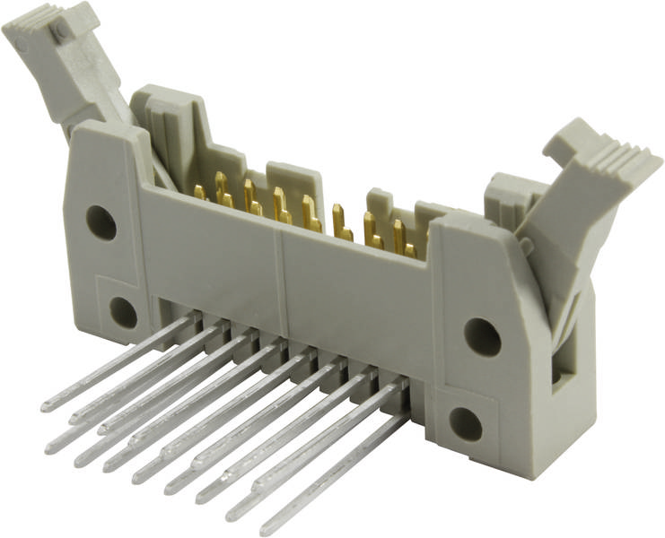 Een grijze, multipolaire elektrische connector met goudkleurige pinnen en zijdelingse vergrendelingen, die gebruikt wordt voor printplaten.