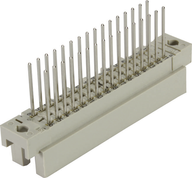 Connector met meerdere metalen pinnen, geschikt voor elektronische toepassingen. Beige kunststof basis met 34 pinnen in twee rijen.