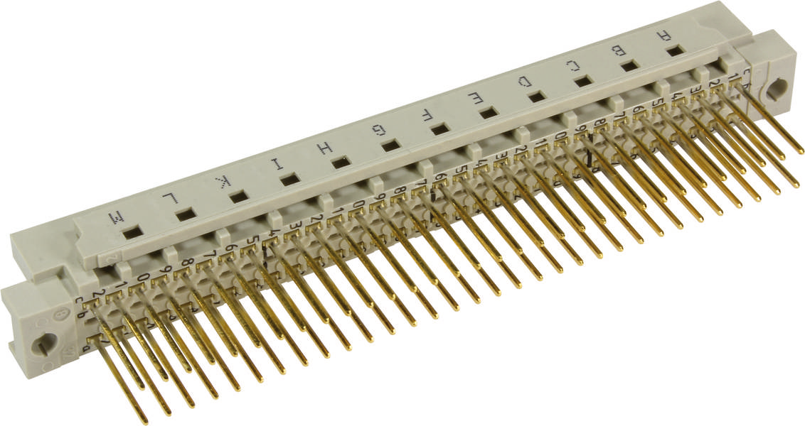 Een elektronische connector met meerdere gouden pinnen, genummerd en gemarkeerd met de letters A tot en met R.