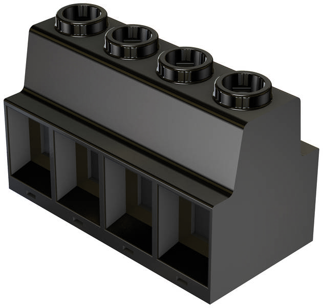 Zwarte LEGO-steen, rechthoekig, met vier ronde noppen bovenop en vier gaten onderaan.