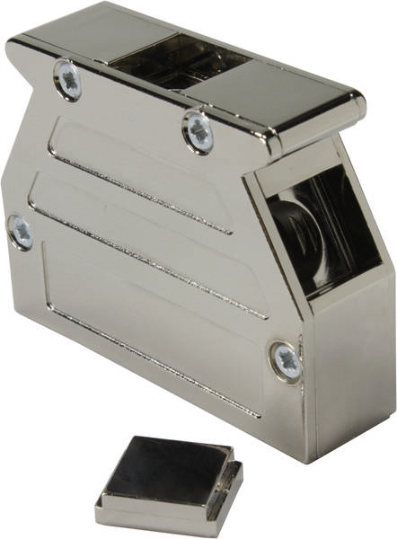 Metalen slot met rechthoekige vorm en magneetslot. Ideaal voor meubels of kastdeuren. Zilverkleurige afwerking met glanzend oppervlak.