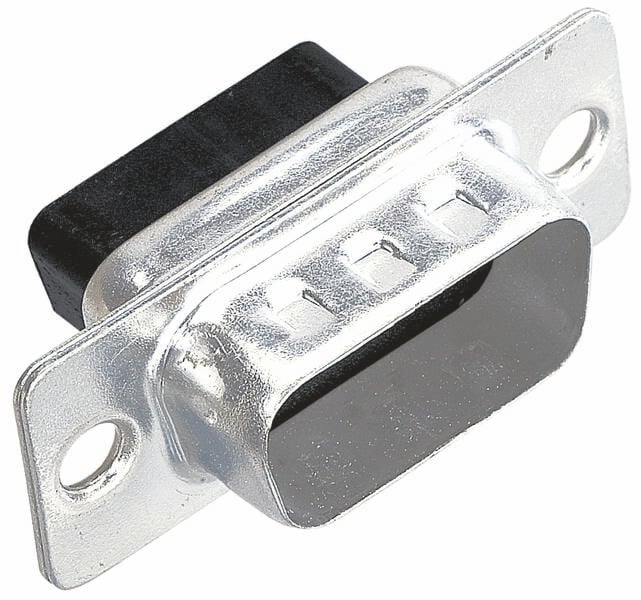 'Close-up van een metalen D-Sub-connector met twee bevestigingsgaten en een zwart geïsoleerde behuizing.'