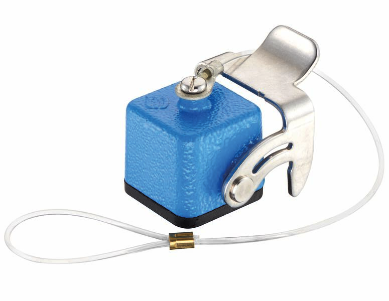 Blauwe kabelisolator met RVS-haak en draadlus voor elektrische installaties.