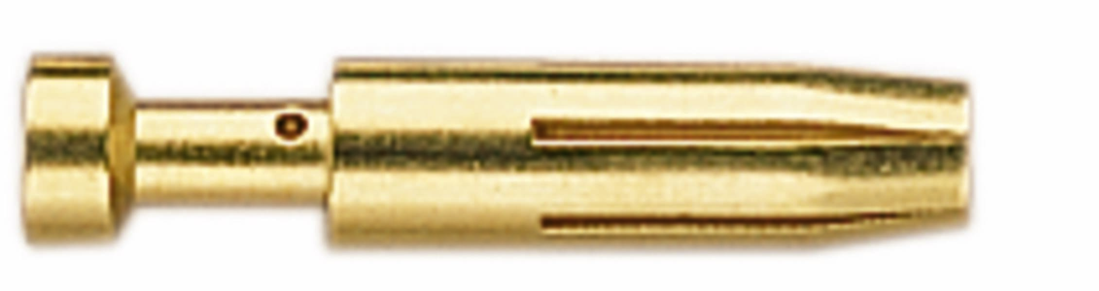 Gouden metalen stekker, cilindrisch met groeven, voor elektrische of elektronische verbinding.