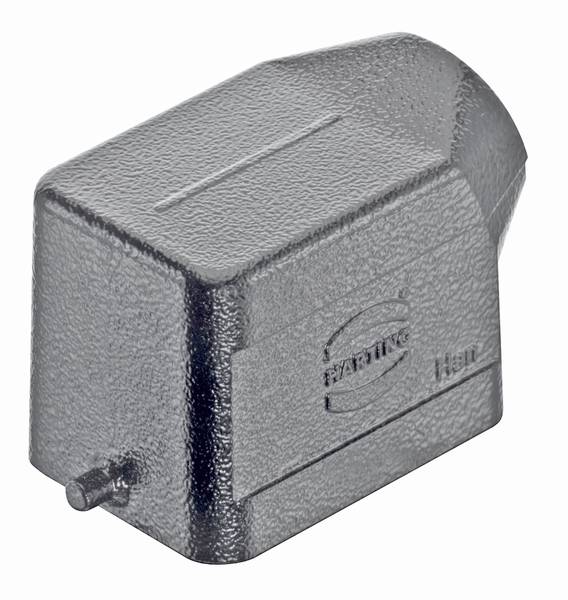 Metalen behuizing voor connectoren, aan de zijkant een schroefgat. Opschrift 'Harting'. Robuust en weersbestendig.