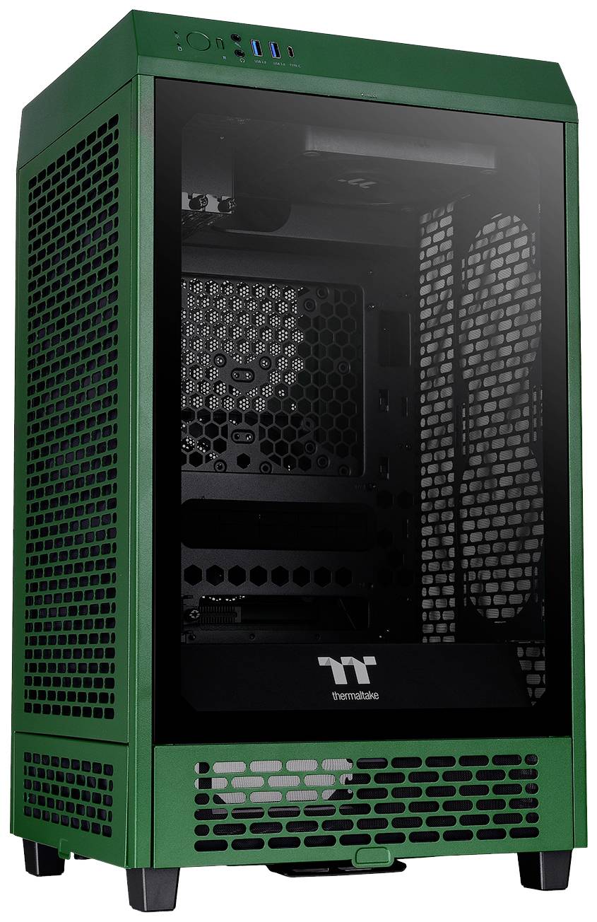 Een groen pc-behuizing met een glazen venster toont een ruimtelijk interieur en meerdere ventilatieopeningen voor verbeterde luchtstroom.