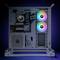 Een witte computer met zichtbare componenten en twee oplichtende RGB-ventilatoren, gemonteerd in een open frame tegen een donkere achtergrond.