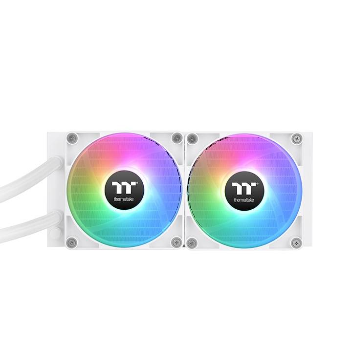 Een computerwatersysteem met twee ventilatoren die in regenboogkleuren oplichten. Geschikt voor efficiënte koeling van processors.