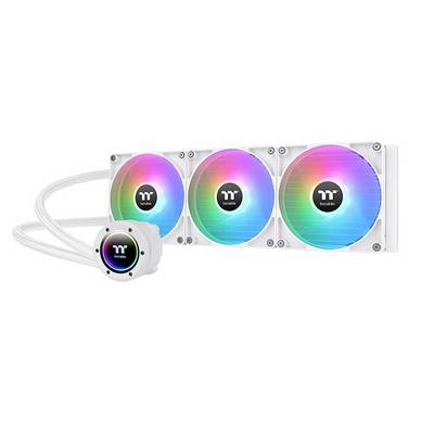 RGB-verlichte pc-koelsysteem met drie ventilatoren en kabels, toont Thermaltake-logo. Geschikt voor gaming-pc's.
