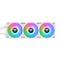 Drie naast elkaar geïnstalleerde RGB-kastventilators met verlichte gekleurde ringen voor computerkoeling.