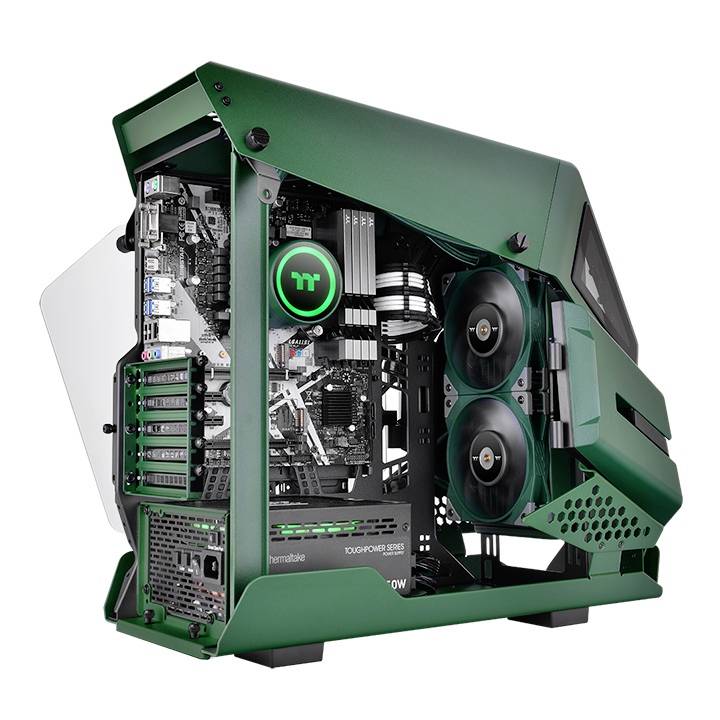 Een groen computerbehuizing met open design onthult het moederbord, ventilatoren en interne componenten van een krachtige pc.