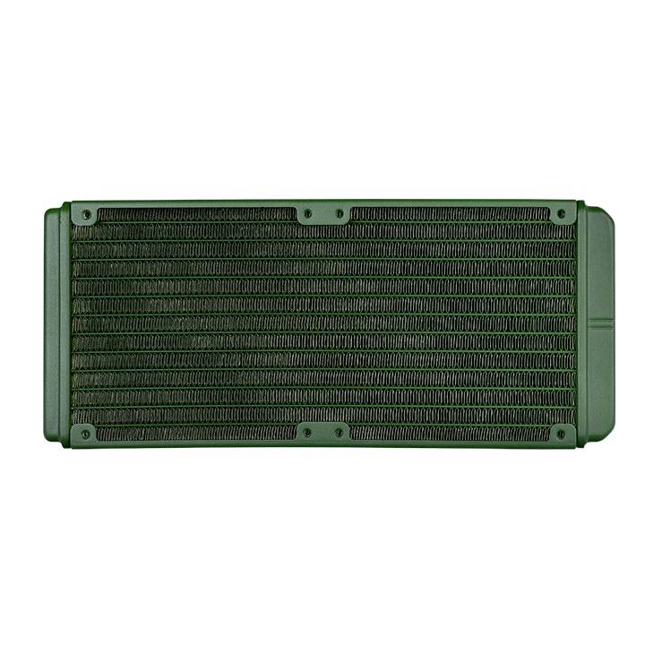 'Groene computerventilator-koeler in vierkante vorm met ventilatierooster, van bovenaf gezien.'