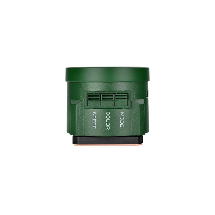 Een groen, cilindrisch apparaat met drie schakelaars gemarkeerd 'SPEED', 'COLOR', 'MODE' van boven naar beneden.