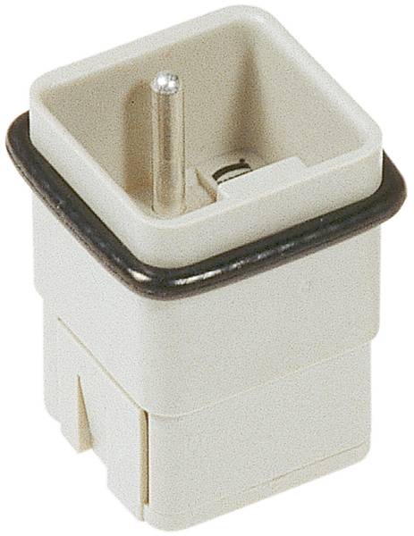 'Close-up van een witte elektrotechnische connector met metalen pin en zwarte afdichting.'