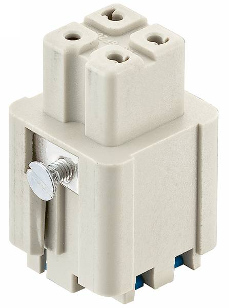 Een grijze elektrische aansluitblok met drie aansluitopeningen en een schroef aan de voorkant.