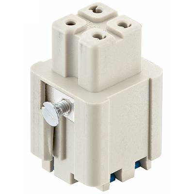 Een grijze elektrische aansluitblok met drie aansluitopeningen en een schroef aan de voorkant.
