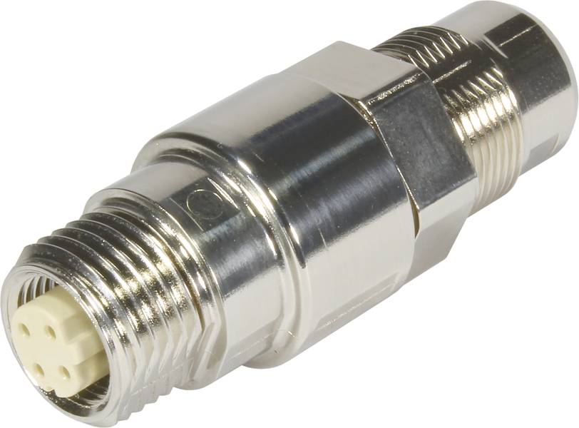 Metalen stekkeradapter met meerdere pinnen in een cilindrische behuizing, bedoeld voor aansluiting in elektrische schakelingen.