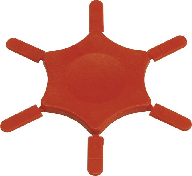 Een rood, stervorming plastic onderdeel met zes uitvouwbare armen, vermoedelijk een praktisch gereedschap of speelgoed.