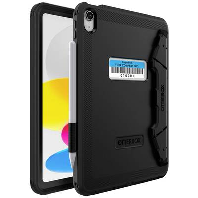 Tablet met robuuste zwarte Otterbox-behuizing, stylus-houder aan de zijkant, label met 'Eigendom van Your Company Inc. 010001' op de achterkant.