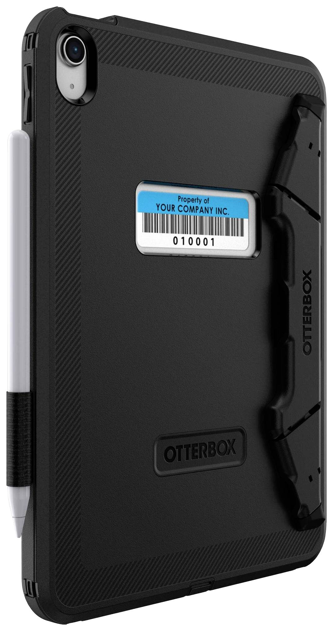 Zwart Otterbox-tablethoesje met penhouder en bedrijfssticker 'Eigendom van Your Company Inc., 010001' aan de achterkant.
