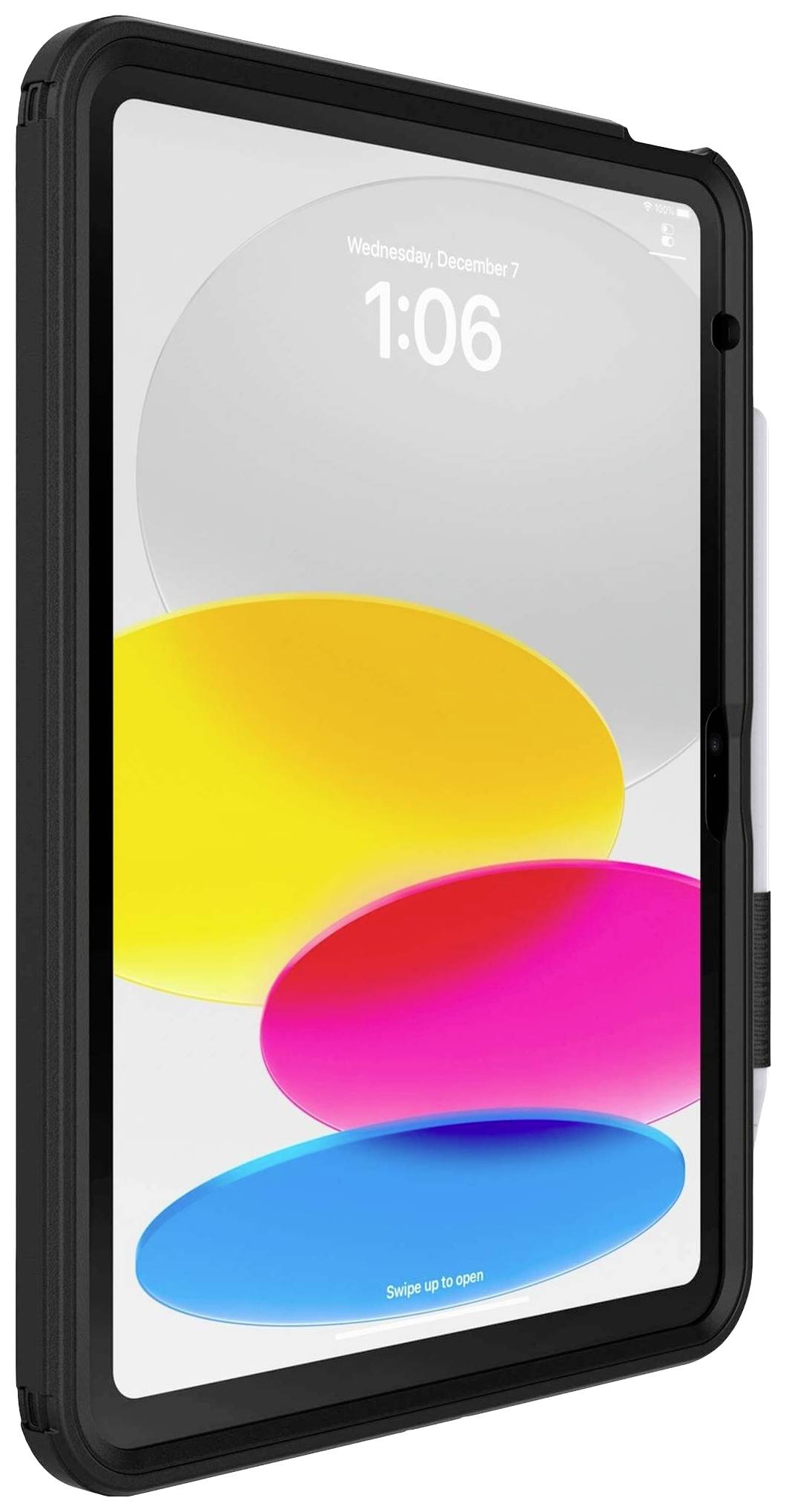 Tablet met een zwarte hoes, waarbij op het scherm gekleurde ellipsen in grijs, geel, roze en blauw zichtbaar zijn. Bovenaan staat de tijd '1:06'.