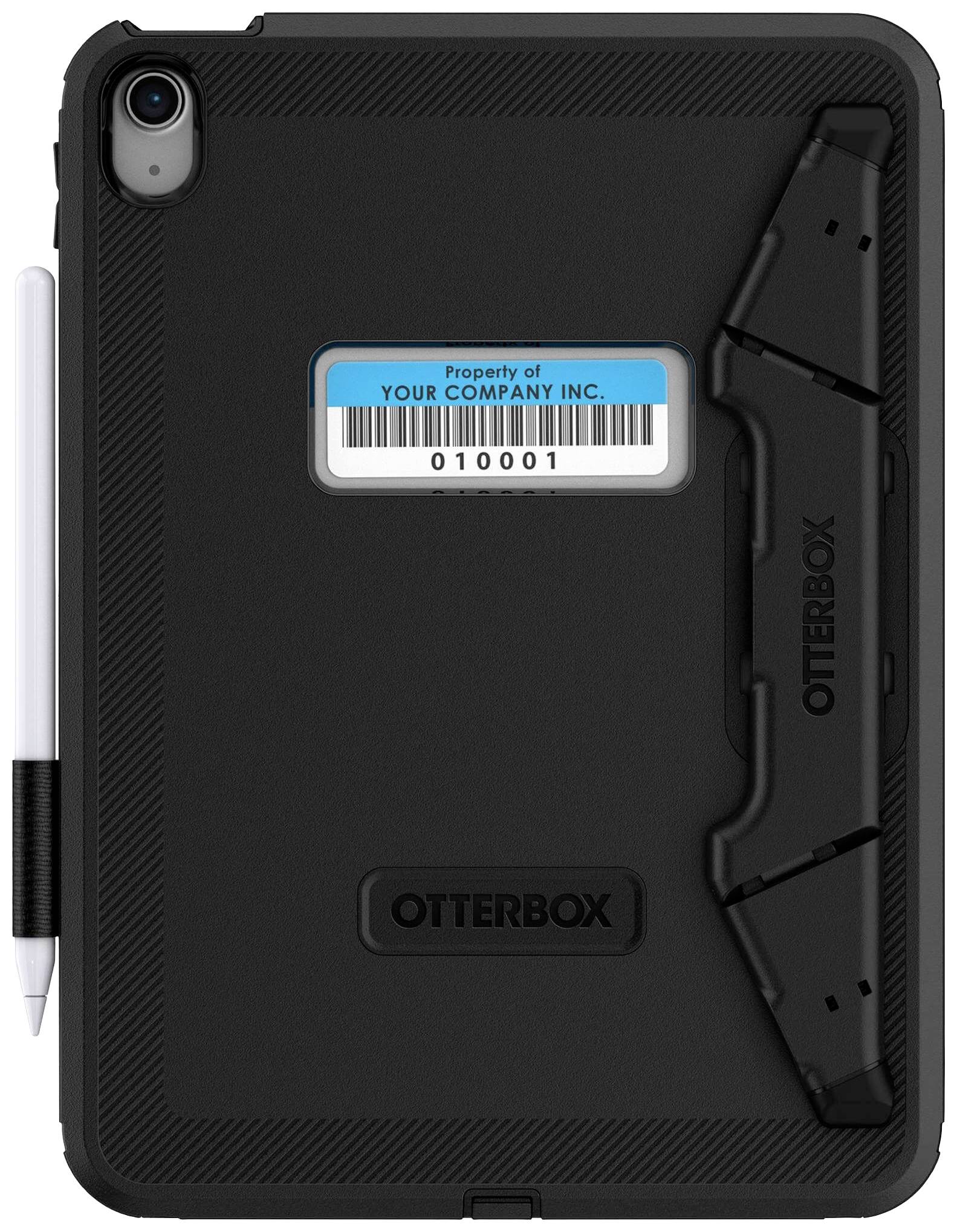 Een zwarte Otterbox-beschermhoes voor een tablet met een bevestigde stylus en een blauw barcode-etiket met de tekst 'Eigendom van Your Company Inc.'