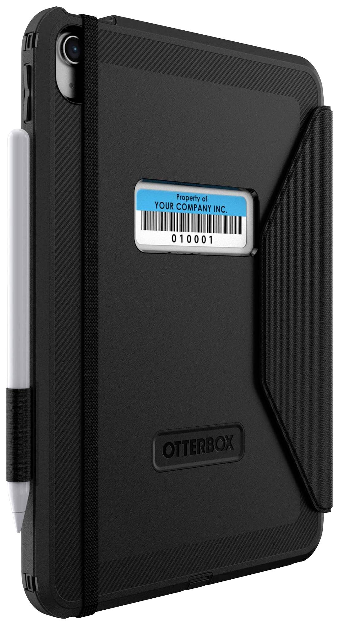 Een zwarte beschermhoes voor een tablet met een penhouder en een bedrijfsetiket 'Eigendom van YOUR COMPANY INC. 010001' in blauw en wit.