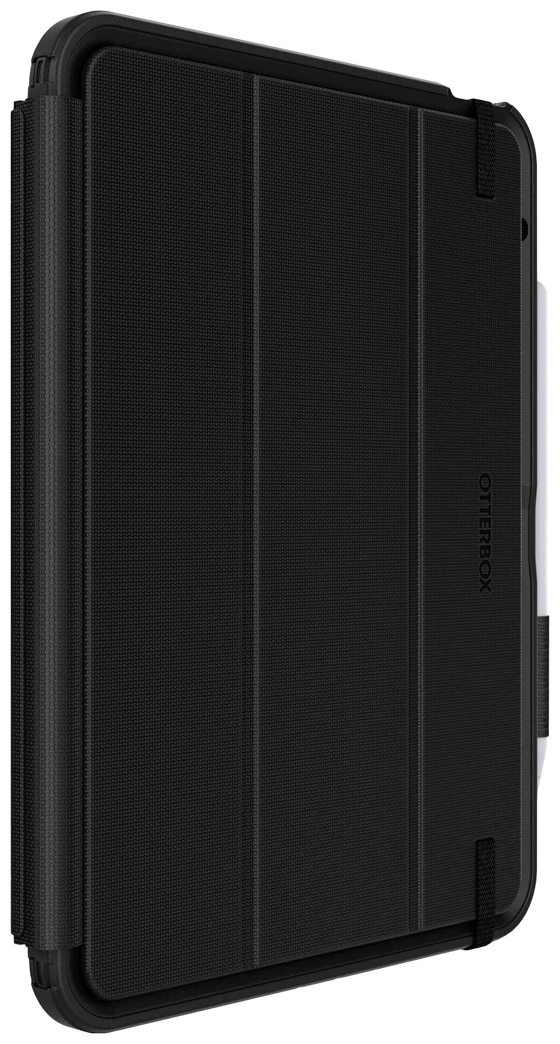 Zwart tablet met een robuuste beschermhoes van Otterbox, staand in de verticale modus.