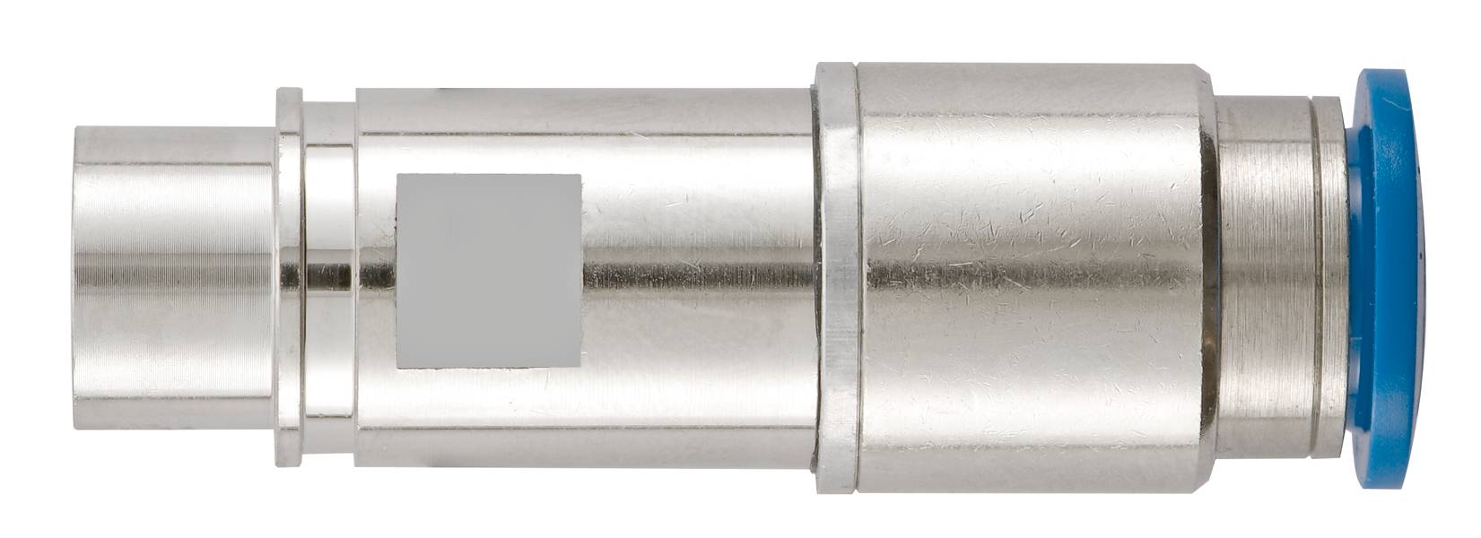 Metalen cilindrische persluchtconnector met blauwe afdichting, liggend gepositioneerd.