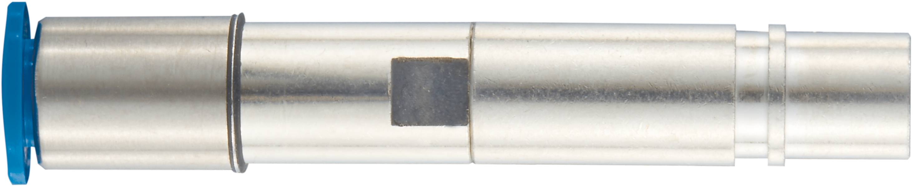 Metalen cilinder in zijaanzicht met een blauw uiteinde en een zwart rechthoekig detail in het midden; technische component.