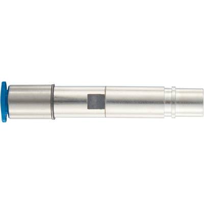 Metalen cilinder in zijaanzicht met een blauw uiteinde en een zwart rechthoekig detail in het midden; technische component.