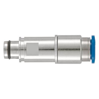 Metalen connector met blauwe dop, cilindrische vorm. Gebruikt voor pneumatische toepassingen.