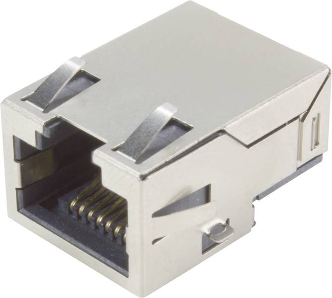 Een RJ45-netwerkaansluiting met metalen behuizing, geschikt voor Ethernet-kabelverbindingen in computernetwerken.