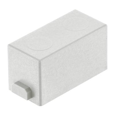 Een witte, rechthoekige LEGO-steen met twee noppen aan de bovenkant en een bevestigingspunt aan de voorkant.
