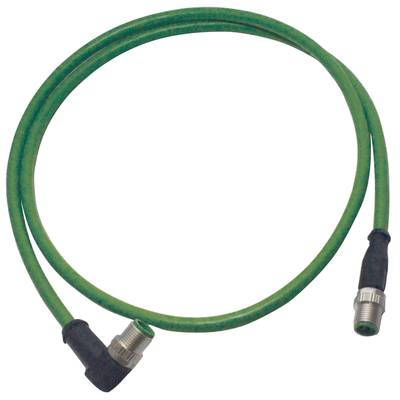 Groen coaxkabel met metalen connectoren aan beide uiteinden. Een van de uiteinden is haaks gebogen voor betere bereikbaarheid in nauwe ruimtes.